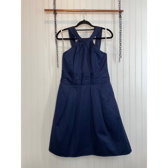David’s Bridal Twist Y-Neck Halter Mini Fit & Flare Dress Pockets Navy Size 12 - Picture 2 of 9